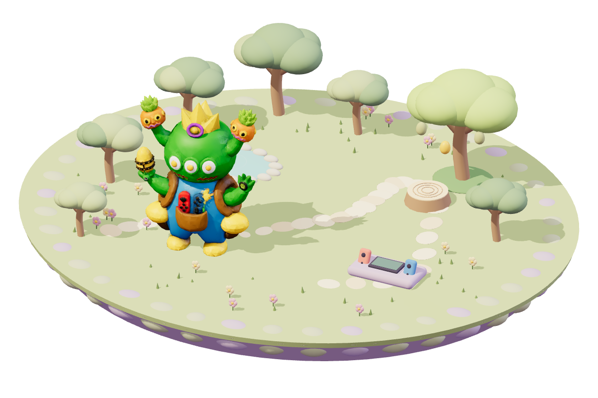 粘土小星球上站着 Bobo，石头小路通向金蛋树