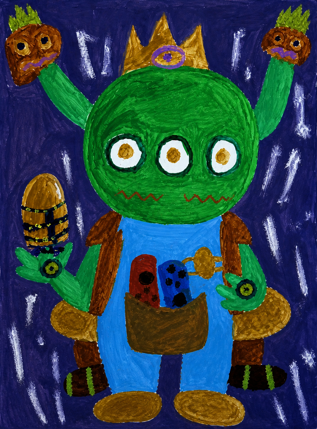 Little Pineapple's original painting of Bobo, with three eyes and pineapple ears